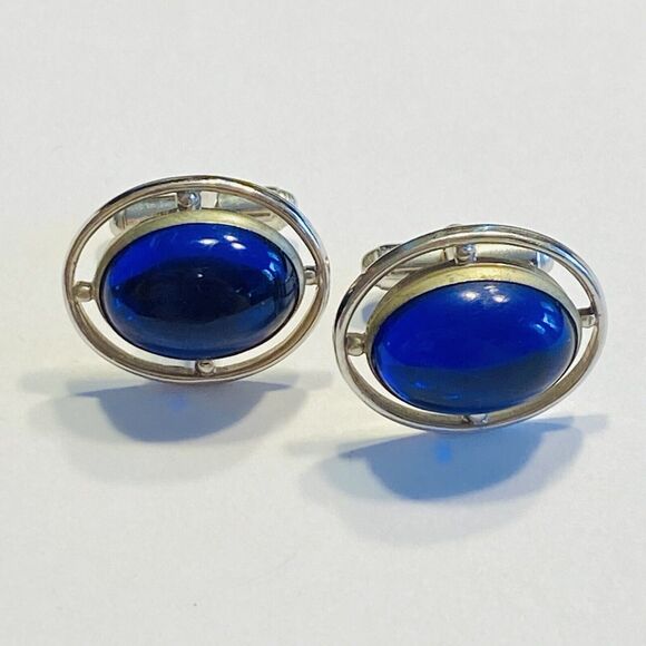 Vintage Anson Cufflinks Silvertone & Blue Jelly Belly Polished Stone Centers - Picture 8 of 8